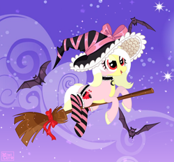 Size: 3000x2780 | Tagged: safe, artist:ghostpikachu, derpibooru exclusive, oc, oc only, oc:carmen garcía, bat, earth pony, pony, g4, base artist:mimicat, base used, bow, broom, clothes, cloud, cute, female, flying, flying broomstick, garter belt, hat, jewelry, mare, night, night sky, nightmare night, ocbetes, outdoors, sky, socks, stars, striped socks, thigh highs, witch, witch hat