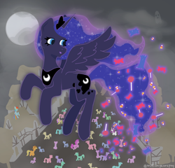 Size: 2000x1920 | Tagged: safe, artist:canary9, applejack, fluttershy, pinkie pie, princess luna, rainbow dash, rarity, twilight sparkle, earth pony, ghost, pegasus, pony, undead, unicorn, mlp fim's fourteenth anniversary, g4, candy, cloud, concave belly, crowd, female, flying, food, horn, house, mane six, mare, moon, night, outdoors, slender, smiling, sparkles, thin