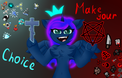 Size: 1920x1231 | Tagged: safe, artist:twinky, princess luna, alicorn, semi-anthro, g4, belly, belly button, chest fluff, cross, crown, female, gradient background, horn, jewelry, looking at you, pentagram, regalia, smiling, solo, the binding of isaac, wings