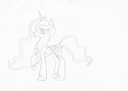 Size: 3491x2475 | Tagged: safe, artist:platinumdrop, princess luna, alicorn, pony, g4, concave belly, female, mare, pencil drawing, raised hoof, slender, solo, thin, traditional art