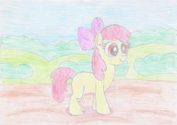 Size: 3491x2475 | Tagged: safe, artist:platinumdrop, apple bloom, earth pony, pony, g4, colored pencil drawing, female, filly, foal, high res, outdoors, solo, traditional art