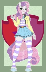 Size: 1650x2550 | Tagged: safe, artist:inkkeystudios, sweetie belle, unicorn, anthro, unguligrade anthro, g4, choker, clothes, cutie mark background, female, horn, passepartout, ponytober, shirt, skirt, socks, solo, striped socks, thigh highs, zettai ryouiki