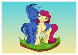 Size: 7016x4961 | Tagged: safe, artist:bluishdraft, oc, oc only, oc:blueprint, oc:bubbles, earth pony, pegasus, pony, couple, duo, duo male and female, female, gradient background, male, mare, passepartout, ship:bubbleprint