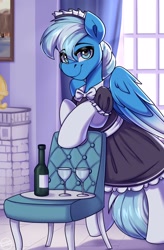 Size: 1800x2750 | Tagged: safe, artist:shadowreindeer, oc, oc only, oc:bluebreeze, pegasus, pony, bipedal, bipedal leaning, bottle, chair, clothes, commission, crossdressing, glass, indoors, leaning, maid, male, solo, window, wine bottle, wine glass, ych result