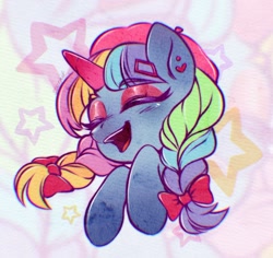 Size: 1280x1209 | Tagged: safe, artist:seurnik, oc, oc only, pony, unicorn, bow, bust, colored, cute, digital art, eyes closed, female, filly, foal, horn, mare, ponysona, portrait, rainbow, smiling, solo, stars