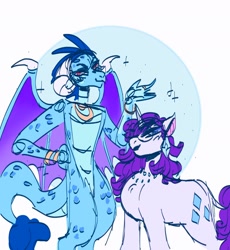 Size: 1536x1672 | Tagged: safe, artist:rare-apples, princess ember, rarity, dragon, pony, g4, 2d, blushing, digital art, duo, female, gold, height difference, horn, lesbian, looking at each other, looking at someone, mare, nuzzling, ship:emberity, shipping, sketch, smiling, talking, wings