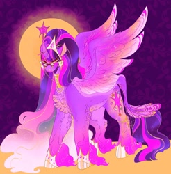 Size: 1981x2017 | Tagged: safe, artist:rare-apples, twilight sparkle, alicorn, pony, g4, 2d, collar, digital art, female, glasses, long hair, looking at you, mare, ponytail, smiling, solo, spread wings, twilight sparkle (alicorn), wings