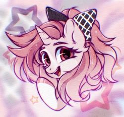 Size: 1280x1209 | Tagged: safe, artist:seurnik, oc, oc only, unicorn, bow, bust, cute, digital art, fluttershy eyes, horn, pink coat, pink eyes, pink mane, ponytail, portrait, smiling, solo, stars, stylized, wavy mane