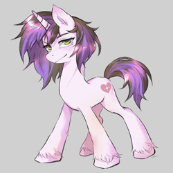 Size: 2048x2048 | Tagged: safe, artist:goldenage2049, oc, oc:golden age, pony, unicorn, female, gray background, horn, looking at you, mare, simple background, smiling, solo, unicorn oc, unshorn fetlocks