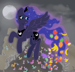 Size: 2000x1920 | Tagged: safe, alternate version, artist:millionyearspony, applejack, fluttershy, pinkie pie, princess luna, rainbow dash, rarity, twilight sparkle, alicorn, earth pony, ghost, pegasus, pony, undead, unicorn, g4, apple, banana, cloud, concave belly, crowd, female, flying, food, fruit, grapes, horn, house, lemon, mane six, mare, moon, night, orange, outdoors, pineapple, slender, smiling, sparkles, thin