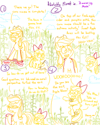 Size: 4779x6013 | Tagged: safe, artist:adorkabletwilightandfriends, apple bloom, applejack, comic:adorkable twilight and friends, g4, adorabloom, adorkable friends, autumn, bow, cloud, comic, corn, corn maze, cute, excited, farm, female, field, filly, foal, food, hanging, happy, maze, riding, scythe, silly, slice of life, smiling, stomping, sweet apple acres, working