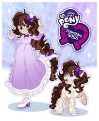 Size: 1280x1566 | Tagged: safe, artist:seurnik, oc, oc only, oc:femie, earth pony, human, pony, equestria girls, g4, beige coat, brown hair, brown mane, clothes, dress, freckles, gray eyes, human ponidox, long hair, passepartout, pigtails, self paradox, self ponidox, show accurate, solo