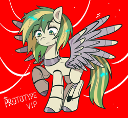 Size: 2206x2041 | Tagged: safe, artist:goldenage2049, oc, oc only, oc:wooden toaster, cyborg, cyborg pony, pegasus, pony, amputee, artificial wings, augmented, cybernetic legs, cybernetic wings, female, mare, pegasus oc, prosthetic leg, prosthetic limb, prosthetic wing, prosthetics, red background, simple background, solo, song reference, wings