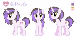 Size: 2048x1013 | Tagged: safe, artist:goldenage2049, oc, oc only, oc:golden age, pony, unicorn, female, front view, horn, mare, reference sheet, side view, simple background, solo, three quarter view, unicorn oc, white background