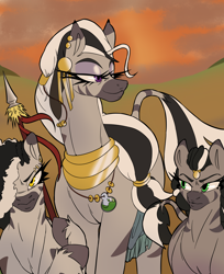 Size: 4000x4897 | Tagged: safe, artist:2hrnap, oc, oc only, oc:matriarch zeg'us, zebra, angry, female, hair over one eye, height difference, larger female, lidded eyes, looking at you, mare, outdoors, scowl, size difference, smaller female, tall, trio, trio female, zebra oc