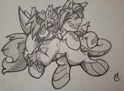 Size: 4032x2955 | Tagged: safe, artist:aryn, oc, oc only, oc:exuro firesong, oc:slash burst, dracony, dragon, hybrid, pony, claws, cuddling, grin, looking at each other, looking at someone, monochrome, smiling, toothy grin, traditional art