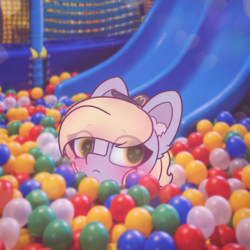 Size: 2664x2664 | Tagged: safe, artist:sodapop sprays, part of a set, derpy hooves, pegasus, pony, series:derpy can't catch a break, g4, ball pit, blushing, ear fluff, eye clipping through hair, female, freckles, hat, heart, heart eyes, indoors, mcdonald's, part of a series, wingding eyes