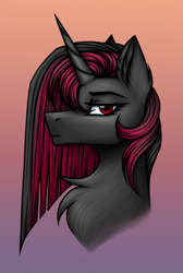 Size: 1145x1700 | Tagged: safe, artist:darklight1315, oc, oc only, oc:absolution, pony, unicorn, fallout equestria, chest fluff, ear fluff, fallout equestria: mayday, female, gradient background, horn, mare, parent:oc:catharsis, parent:oc:shard, red eyes, solo