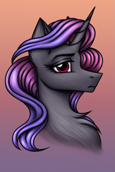 Size: 1145x1700 | Tagged: safe, artist:darklight1315, oc, oc only, oc:fragile, pony, unicorn, fallout equestria, chest fluff, ear fluff, fallout equestria: mayday, female, gradient background, horn, mare, parent:oc:catharsis, parent:oc:shard, red eyes, solo