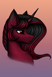 Size: 1145x1700 | Tagged: safe, artist:darklight1315, oc, oc only, oc:requiem, pony, unicorn, fallout equestria, chest fluff, ear fluff, fallout equestria: mayday, female, gradient background, horn, mare, parent:oc:catharsis, parent:oc:shard, red eyes, solo