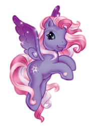 Size: 260x363 | Tagged: safe, starsong, pegasus, pony, g3, cute, female, flying, hoof heart, hooves, mare, purple wings, simple background, solo, sparkles, sparkly wings, starsawwwng, starsong can fly, underhoof, white background, wings