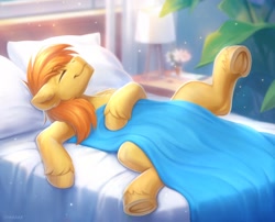 Size: 2048x1656 | Tagged: safe, artist:scheadar, braeburn, earth pony, pony, g4, bed, dust motes, eyes closed, frog (hoof), hoofbutt, indoors, lying down, male, on back, pillow, raised leg, sheet, sleeping, solo, stallion, underhoof