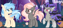 Size: 1280x575 | Tagged: safe, artist:vi45, oc, oc only, bat pony, pony, female, forest background, leaves, mare, moon, night, outdoors, pumpkin, trio