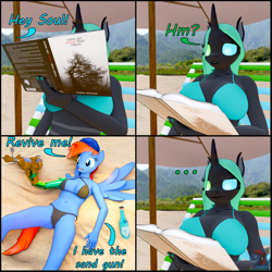 Size: 3900x3900 | Tagged: safe, artist:kamimation, oc, oc only, oc:kam pastel, oc:soul seeker, changeling, pegasus, anthro, annoyed, beach, beach chair, big breasts, bikini, book, breasts, chair, clothes, hat, lying down, multicolored eyes, on back, outdoors, raygun, reading, sand, sitting, smiling, soda, spread wings, swimsuit, text, umbrella, unamused, watermark, wings