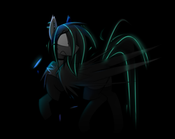 Size: 1495x1191 | Tagged: safe, artist:madragon, oc, oc only, oc:lumishade, pegasus, black background, blue light, bouncing, cheek fluff, chest fluff, choker, clothes, dark background, ear fluff, ear piercing, feather, female, glowing mane, looking back, mare, pegasus oc, piercing, raised hoof, scared, simple background, solo, stockings, thigh highs, trotting