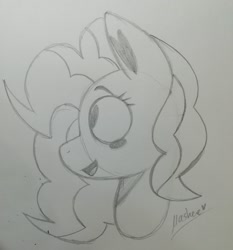 Size: 2909x3119 | Tagged: safe, artist:mashee, pinkie pie, earth pony, pony, g4, blushing, heart, heart ears, heart eyes, looking at something, monochrome, open mouth, original art, original style, pencil drawing, profile, sketch, smiling, traditional art, wingding eyes