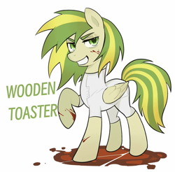 Size: 1099x1080 | Tagged: safe, artist:goldenage2049, oc, oc only, oc:wooden toaster, pegasus, pony, fanfic:rainbow factory, blood, fanfic art, female, mare, pegasus oc, puddle, simple background, smiling, song reference, white background