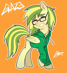 Size: 1080x1163 | Tagged: safe, artist:goldenage2049, carrot top, golden harvest, oc, oc only, oc:wooden toaster, earth pony, pegasus, pony, g4, clothes, eyes closed, female, glasses, hoodie, jewelry, mare, necklace, orange background, pegasus oc, simple background, smiling, solo