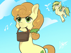 Size: 2732x2048 | Tagged: safe, artist:goldenage2049, carrot top, golden harvest, oc, oc:wooden toaster, earth pony, pegasus, pony, g4, basket, carrot, cloud, duo, duo female, emanata, eyebrows, eyebrows visible through hair, female, food, mare, mouth hold, music notes, outdoors, pegasus oc, sky, spread wings, wings