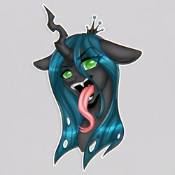 Size: 2560x2560 | Tagged: source needed, safe, artist:murny, queen chrysalis, changeling, g4, bust, digital art, forked tongue, gray background, long tongue, portrait, simple background, solo, tongue out