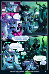 Size: 1004x1535 | Tagged: safe, artist:furufoo, artist:impamy, queen chrysalis, trixie, changeling, pony, unicorn, comic:change of heart (furufoo), g4, cape, clothes, cloven hooves, comic, crowd, eyeshadow, fangs, female, green eyes, hat, horn, magic, makeup, swarm, witch hat