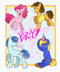 Size: 2897x3483 | Tagged: safe, artist:goldenage2049, cheese sandwich, party favor, pinkie pie, oc, oc:bronydanceparty, earth pony, pony, unicorn, g4, earth pony oc, emanata, eyes closed, female, hat, horn, looking at you, male, mare, one eye closed, party hat, party horn, party trio, passepartout, smiling, solo, stallion, wink