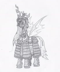 Size: 1606x1930 | Tagged: safe, artist:sensko, queen chrysalis, changeling, changeling queen, g4, armor, drawthread, female, monochrome, requested art, simple background, smiling, solo, standing, traditional art, twibooru import, white background