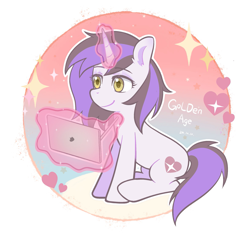 Size: 2367x2278 | Tagged: safe, artist:goldenage2049, oc, oc only, oc:golden age, pony, unicorn, circle background, drawing tablet, female, heart, horn, mare, simple background, sitting, smiling, solo, sparkles, stylus, tablet, white background