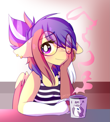 Size: 827x917 | Tagged: safe, artist:amiicommissions, oc, oc:cookie, pegasus, anthro, clothes, coffee mug, female, glasses, indoors, mug, shirt, solo