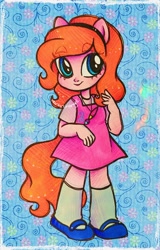 Size: 2077x3249 | Tagged: safe, artist:dariarchangel, oc, oc only, oc:dazha, human, equestria girls, g4, abstract background, adorable face, big eyes, blue eyes, clothes, cute, cute face, cute smile, cutie mark on clothes, dress, equestria girls oc, equestria girls-ified oc, eyebrows, eyebrows visible through hair, female, female oc, hairband, jewelry, little girl, long socks, necklace, ocbetes, orange hair, patterned background, pendant, pink dress, pink skin, ponied up, pony ears, shirt, shoes, shortie, smiling, smol, socks, solo, standing, t-shirt, thick eyebrows, traditional art