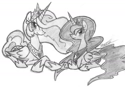 Size: 1400x981 | Tagged: artist needed, source needed, safe, princess celestia, princess luna, alicorn, pony, g4, duo, duo female, female, grayscale, horn, lying down, mare, monochrome, prone, signature, simple background, slender, thin, traditional art, white background