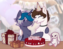 Size: 1369x1076 | Tagged: safe, artist:arina-gremyako, oc, oc only, oc:elizabat stormfeather, oc:yeet, alicorn, bat pony, bat pony alicorn, earth pony, pony, rabbit, alicorn oc, animal, bat pony oc, bat wings, birthday, birthday cake, cake, chest fluff, choker, commission, duo, duo male and female, eyes closed, female, food, freckles, grin, hat, horn, hug, male, mare, party hat, plushie, smiling, stallion, table, trans male, transgender, wings