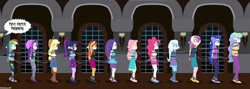 Size: 7000x2500 | Tagged: safe, artist:robukun, applejack, dean cadance, fluttershy, pinkie pie, princess cadance, princess celestia, princess luna, principal celestia, rainbow dash, rarity, sci-twi, starlight glimmer, sunset shimmer, trixie, twilight sparkle, vice principal luna, human, equestria girls, g4, my little pony equestria girls: better together, ankle chain, arm behind back, bondage, bondage mitts, bound and gagged, bound together, chains, cloth gag, gag, humane five, humane seven, humane six, rope, rope bondage