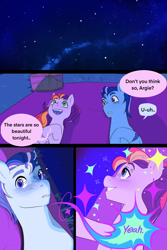 Size: 1572x2357 | Tagged: safe, artist:aztrial, argyle starshine, velvet starscout, earth pony, pony, g5, comic, duo, duo male and female, female, grin, lying down, male, mare, on back, open mouth, open smile, shipping, smiling, sparkles, stallion, stargazing, starry eyes, starry night, stars, straight, unitober 2024, wingding eyes, younger