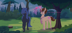 Size: 1240x580 | Tagged: safe, artist:tazzy-girl, oc, oc only, oc:neigh sayer, oc:think pink, earth pony, pony, unicorn, female, flower, forest, horn, magic, male, mare, nature, neink, oc x oc, rose, shipping, stallion, straight, tree