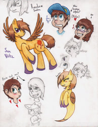 Size: 1236x1591 | Tagged: safe, artist:tazzy-girl, oc, oc:sun blitz, cat, human, pegasus, pony, sketch, traditional art