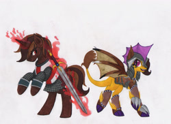 Size: 1550x1130 | Tagged: safe, artist:tazzy-girl, oc, oc only, oc:qahkriian, oc:sun blitz, dracony, dragon, hybrid, pony, unicorn, armor, duo, horn, magic, male, stallion, sword, traditional art, weapon