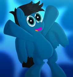 Size: 3131x3300 | Tagged: safe, artist:agkandphotomaker2000, oc, oc only, oc:pony video maker, pegasus, pony, bipedal, digital painting, happy, high res, looking at you, pegasus oc, raised arms, raised leg, solo, spread wings, stylized, texture, wings