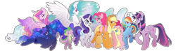 Size: 3712x1080 | Tagged: safe, artist:kag-bag, applejack, fluttershy, pinkie pie, princess cadance, princess celestia, princess luna, rainbow dash, rarity, spike, twilight sparkle, alicorn, dragon, earth pony, pegasus, pony, unicorn, g4, female, hat, horn, male, mane seven, mane six, mare, open mouth, outline, simple background, transparent background, twilight sparkle (alicorn), wingless spike