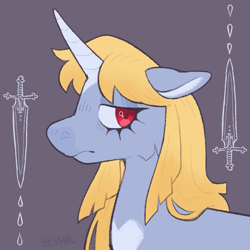 Size: 825x825 | Tagged: safe, artist:beyhr, oc, oc only, oc:holy steel, pony, unicorn, bags under eyes, blonde mane, cheek fluff, chest marking, coat markings, colored horn, colored pinnae, eyelashes, eyeshadow, facial markings, floppy ears, frown, gray coat, gray eyeshadow, heart shaped, horn, lidded eyes, long mane, looking back, makeup, nonbinary, nonbinary oc, profile, profile picture, red eyes, signature, snip (coat marking), solo, star (coat marking), sword, unicorn oc, weapon